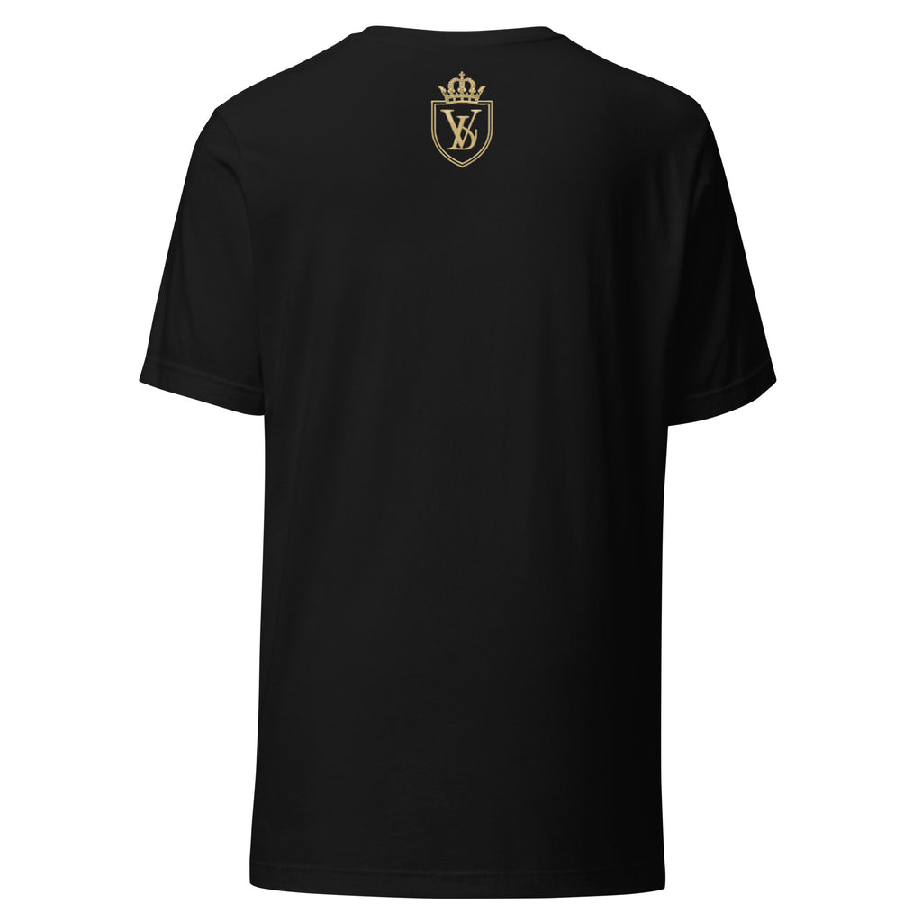 Victor Scandal Witness black tee back view with gold crest print