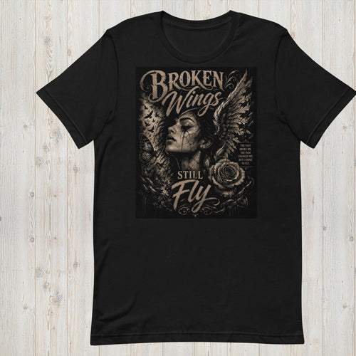 Broken Wings Still Fly black graphic tee front view - gold wings and rose design