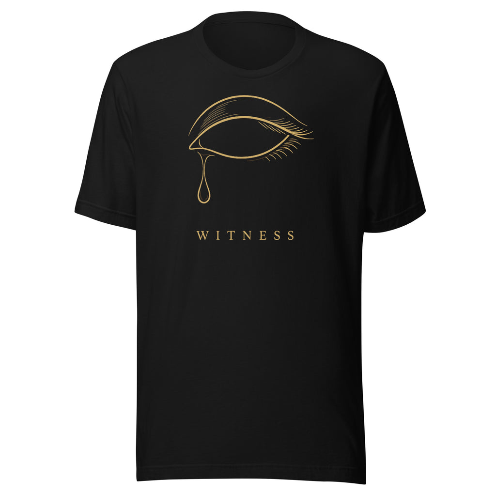 Victor Scandal Witness black tee front view with gold eye and teardrop print