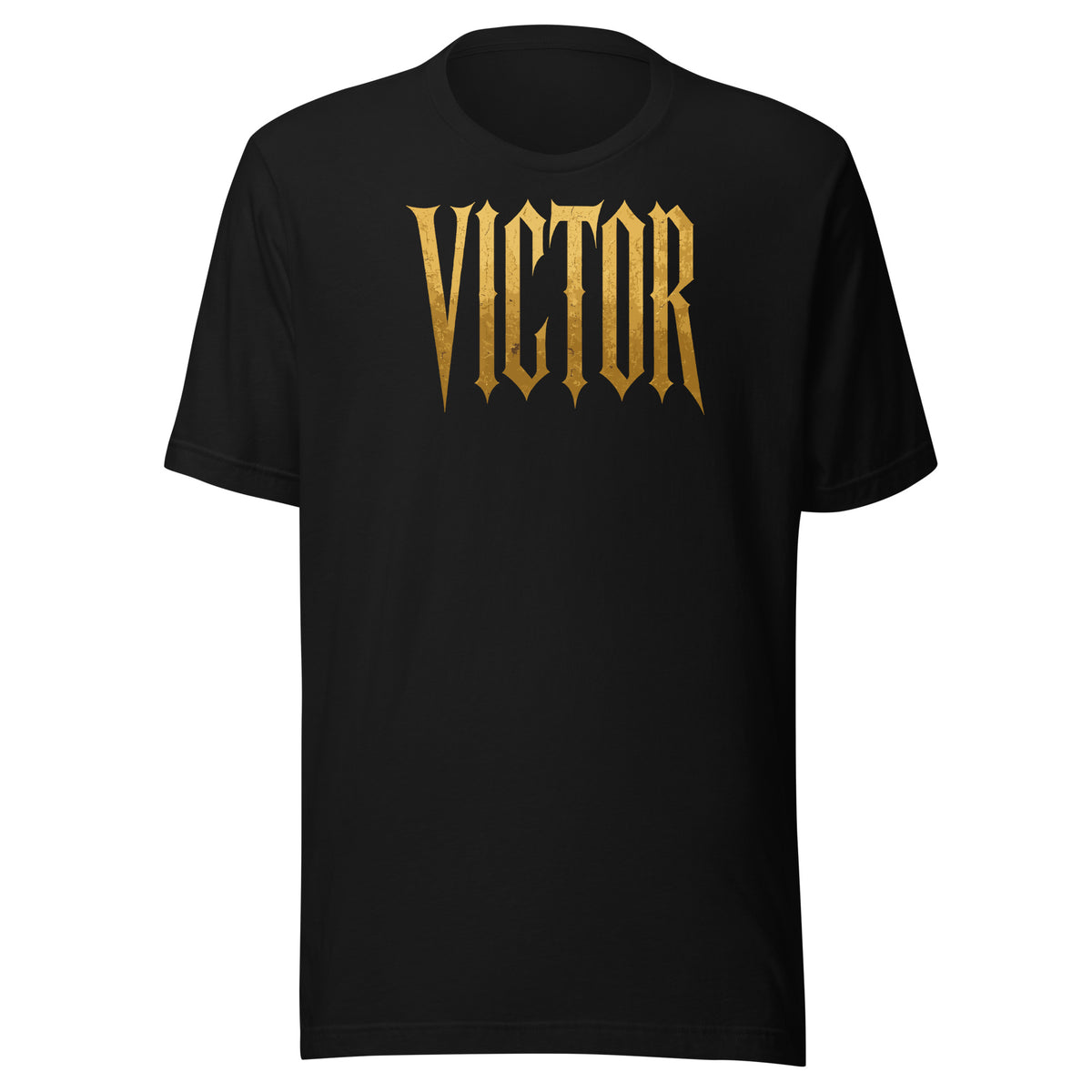 Victor black tee front view — gold gothic blackletter type on black cotton, Victor Scandal streetwear