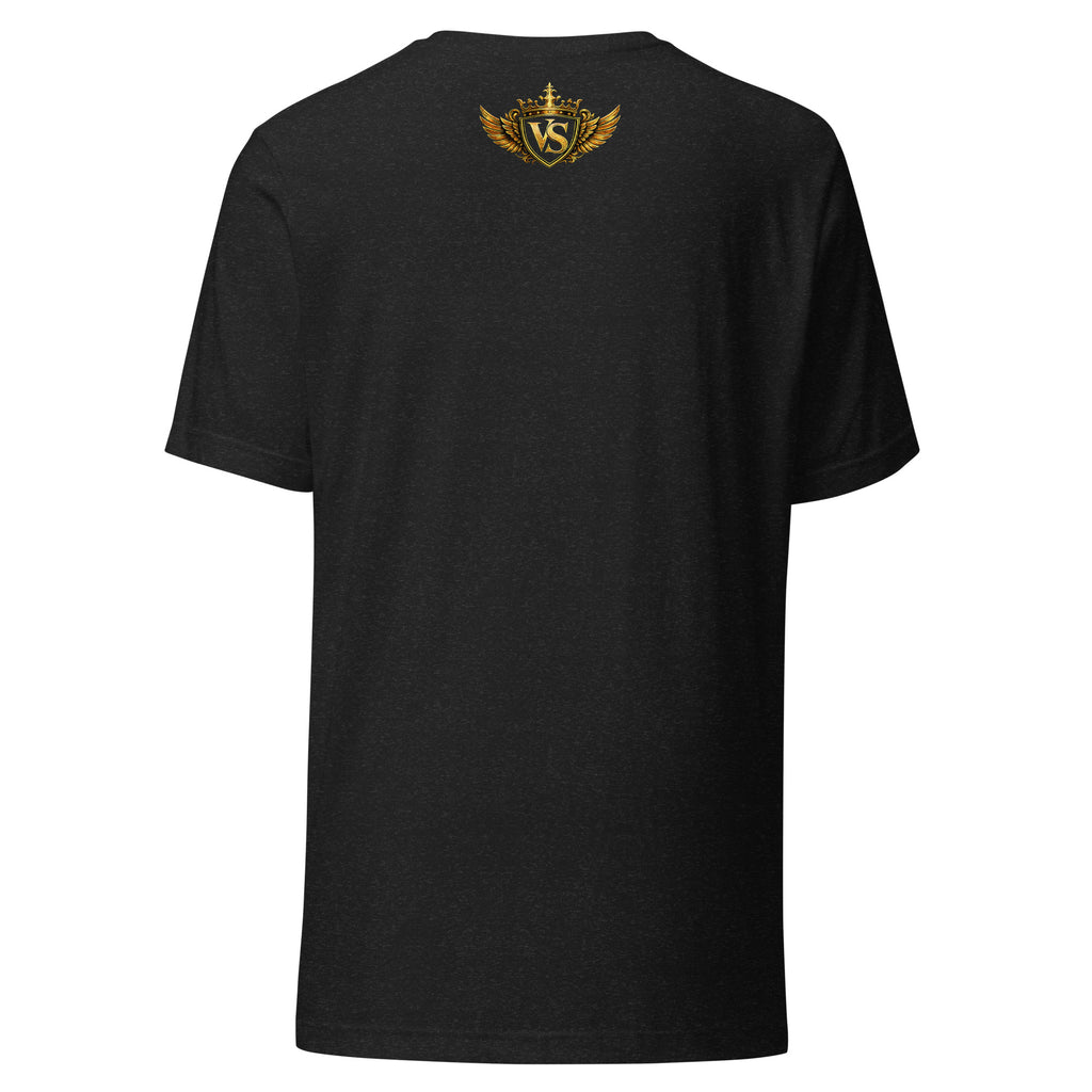 Black heather unisex t-shirt with gold and white "Absolutely Scandalous" graffiti-style graphic, back view