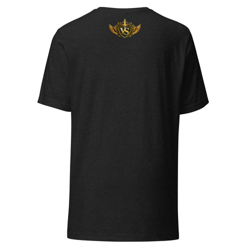Black heather unisex t-shirt with gold and white "Absolutely Scandalous" graffiti-style graphic, back view