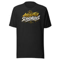 Black heather unisex t-shirt with gold and white "Absolutely Scandalous" graffiti-style graphic, front view