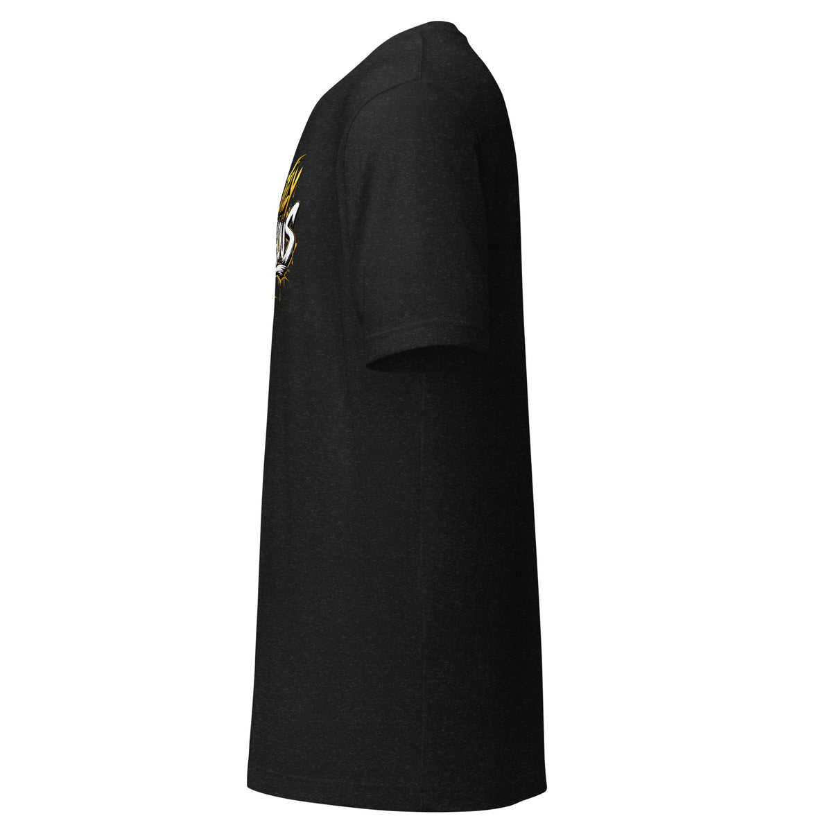 Black heather unisex t-shirt with gold and white "Absolutely Scandalous" graffiti-style graphic, left side view
